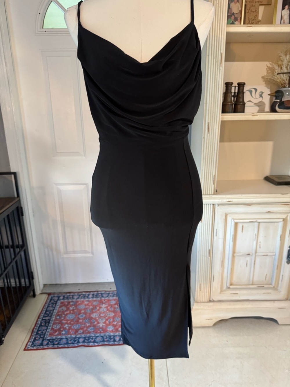 Black Cowl Neck Midi Dress with Side Slit - Women